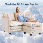 L-Shape Loveseat Sofa Couch with Ottoman, Small 50" Love Seat 27" Deep Cloud Sofa Washable Chenille Pillow for Apartment Bedroom Dorm Attic Studio Office Living Room Small Space 50-Beige-L-1
