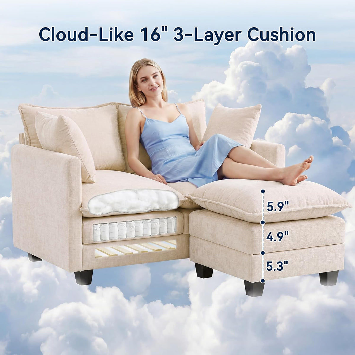 L-Shape Loveseat Sofa Couch with Ottoman, Small 50" Love Seat 27" Deep Cloud Sofa Washable Chenille Pillow for Apartment Bedroom Dorm Attic Studio Office Living Room Small Space 50-Beige-L-1