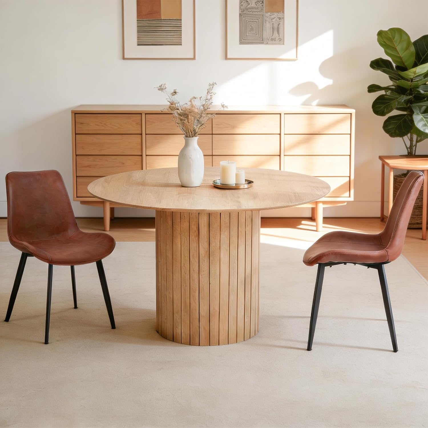 47" Modern Round Dining Table for 4 with Heavy Base, Natural | Farmhouse Kitchen Table Chamfered Edge Tabletop Circle Pedestal Dinner Table for Apartment Dining Living Room, Metal Frame