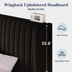 Allewie Queen Size Velvet Bed Frame/Vertical Channel Tufted Wingback Headboard/Upholstered Platform Bed/Strong Wooden Slats/No Box Spring Needed/Easy Assembly/Black