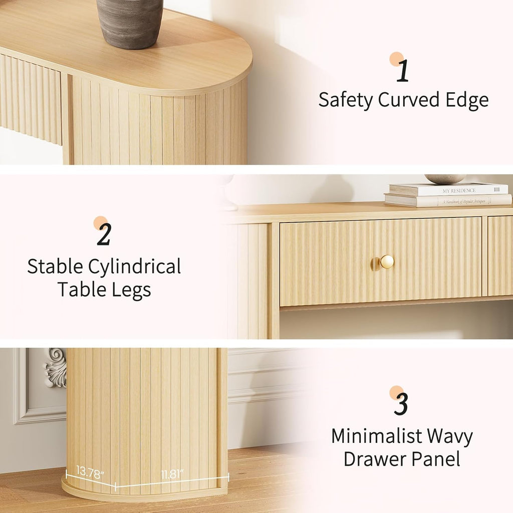 59" Fluted Console Table with 2 Drawers - Wood Entryway Table with Storage, Long Modern Sofa Tables Behind Couch with Curved Leg for Living Room, Entry, Hallway, Entrance, Foyer, Oak Natural
