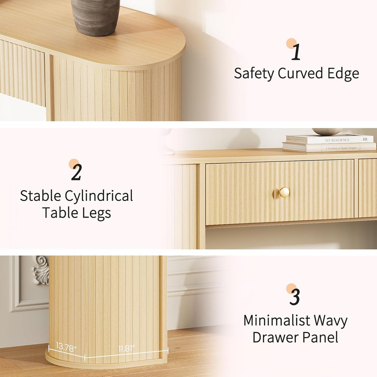 59" Fluted Console Table with 2 Drawers - Wood Entryway Table with Storage, Long Modern Sofa Tables Behind Couch with Curved Leg for Living Room, Entry, Hallway, Entrance, Foyer, Oak Natural