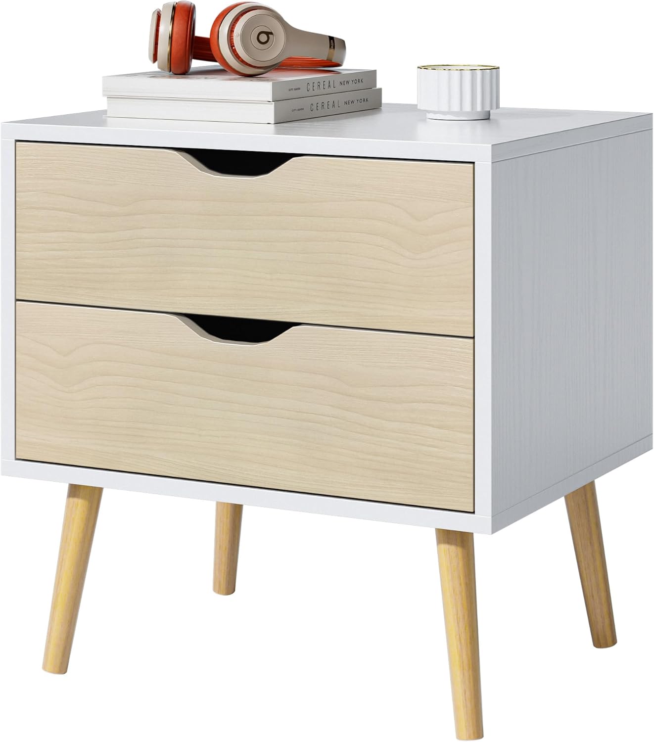End Table Set of 2 with Storage Drawers, Modern Nightstands Small Sofa Side Tables, Accent Wooden Bedside Table for Living Room, White/Oak