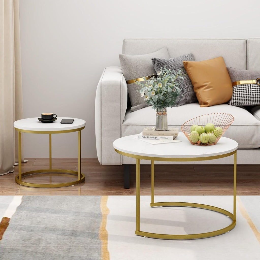 Nesting Coffee Table Set of 2, Round Tables with Marble Pattern MDF Top | Space-saving nested design, 120 LBS load capacity, luxury marble-look finish, gold metallic base, quick 10-min assembly