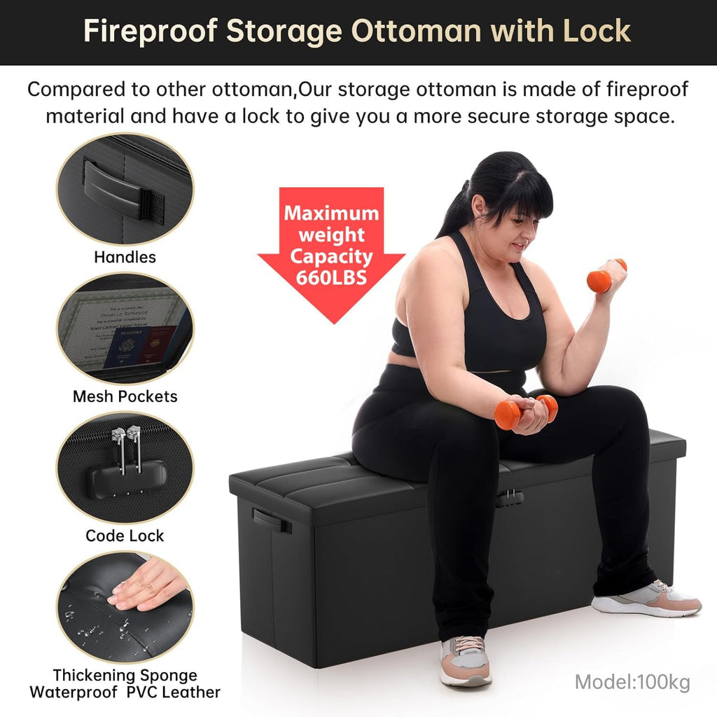 DocSafe Storage Ottoman Bench,Fireproof＆Waterproof Folding Bench with Lock(15”x 43”x15”),Leather Storage Chest with Handles＆2 Extra Boxes,Ottoman Safe for Bedroom,Living Room,Home Office,Black