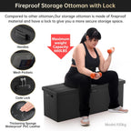 DocSafe Storage Ottoman Bench,Fireproof＆Waterproof Folding Bench with Lock(15”x 43”x15”),Leather Storage Chest with Handles＆2 Extra Boxes,Ottoman Safe for Bedroom,Living Room,Home Office,Black
