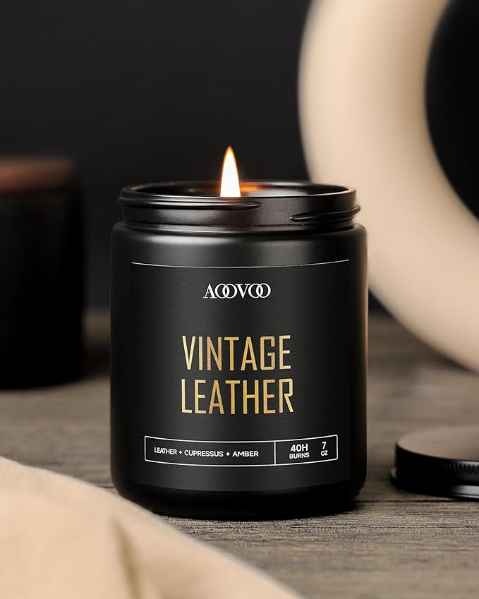 AOOVOO Scented Candles for Men - 4 Pack Candles for Home Scented, 28oz Soy Wax, 200 Hour Burn Time, Men Candle Set, Leather/Smoke & Vanilla/Whiskey Caramel/Lavender Candle Set