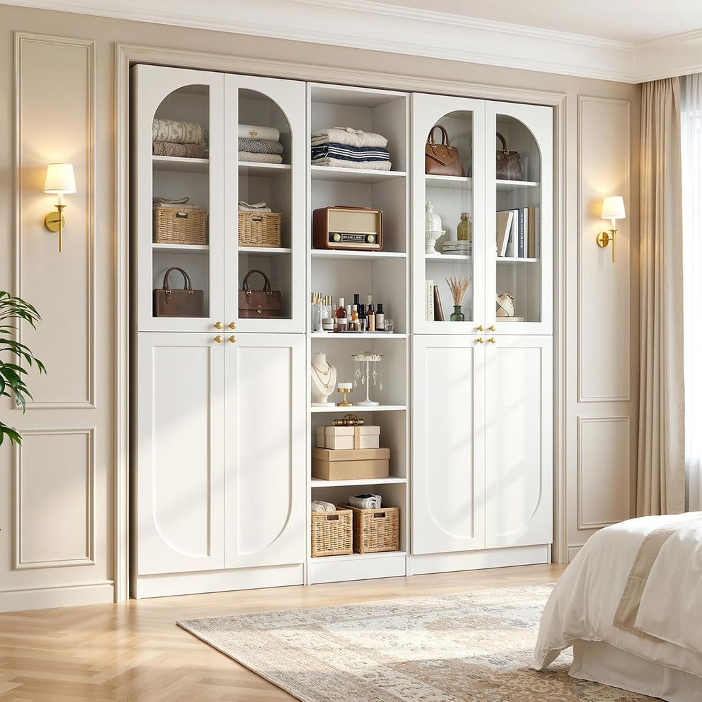 Cyclysio 80" Tall Pantry System with 4 Tempered Glass Doors, Arched Corner Pantries with 6-Tier Open Shelves, Wooden Cupboard Storage Organizer with Baseboard Cutout for Living Room