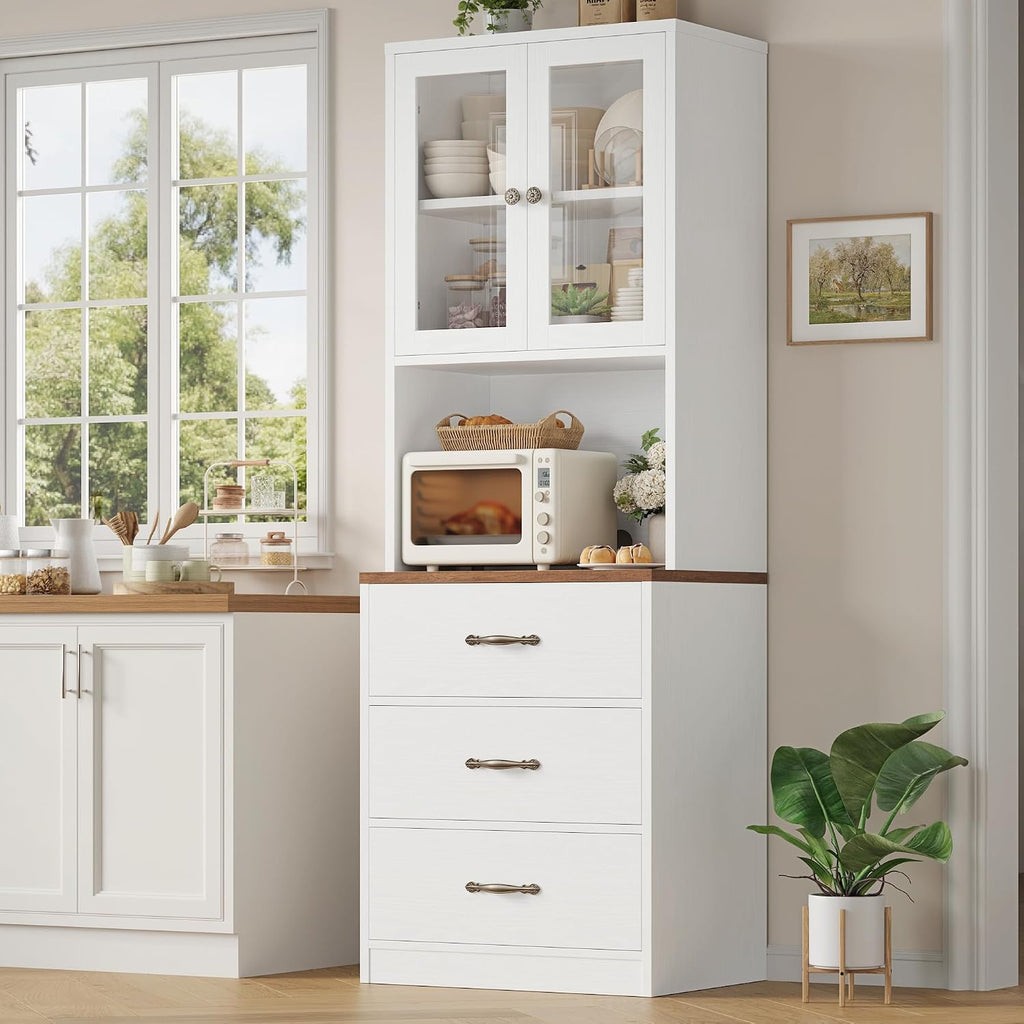 Keyluv 71“ Tall Kitchen Pantry Storage Cabinet with Microwave Stand, Buffet Kitchen Hutch with Shelves and Drawers, Wood Coffee Bar Pantry Cabinet with Glass Doors, for Dining Room/Small Space, White