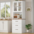Keyluv 71“ Tall Kitchen Pantry Storage Cabinet with Microwave Stand, Buffet Kitchen Hutch with Shelves and Drawers, Wood Coffee Bar Pantry Cabinet with Glass Doors, for Dining Room/Small Space, White