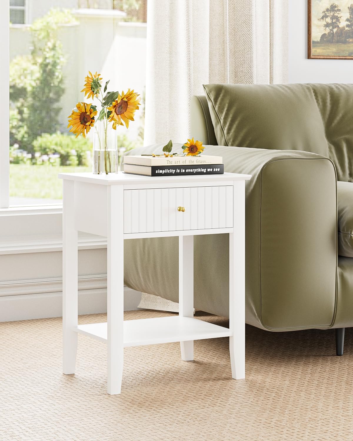 Fluted Nightstand, Farmhouse Night Stand with 1 Drawers, Mid Century Modern Side Accent Table,Bedside End Table for Bedroom, Living Room, White