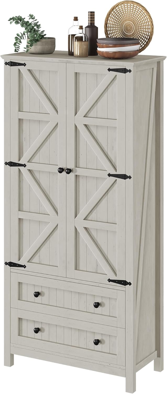 YITAHOME 64.5" Tall Kitchen Pantry Cabinet, Farmhouse Pantry Storage Cabinet with 2 Drawers & Adjustable Shelves, Ideal for Living Room, Kitchen or Hallway, White