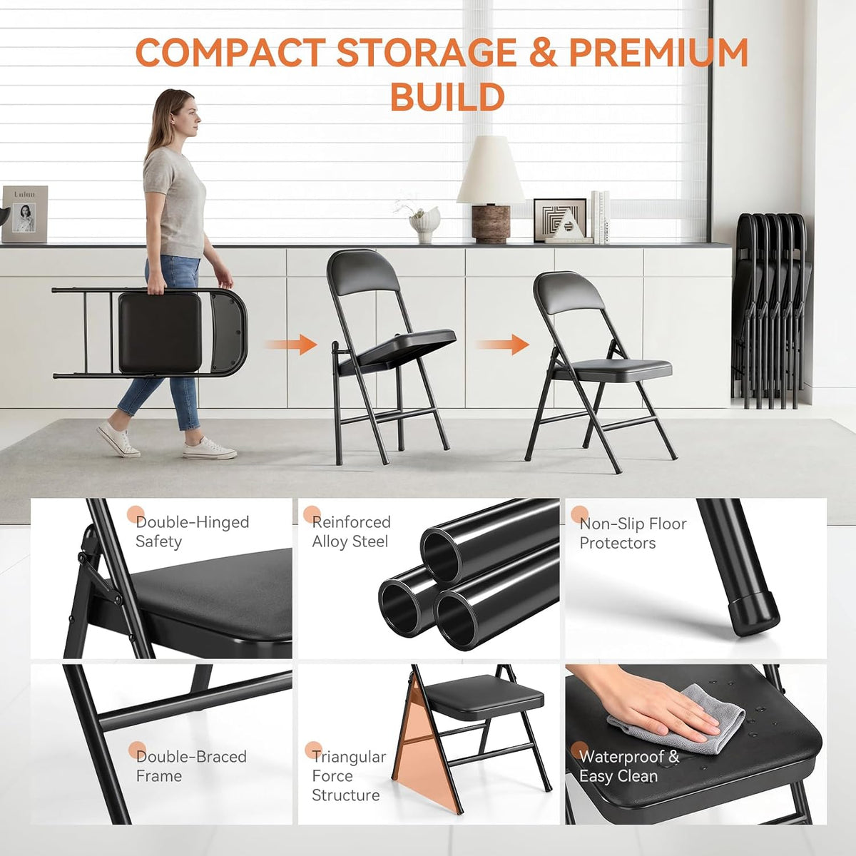 Upgrade 18% Thicker 6 Pack Folding Chair with Cushion | Heavy Duty Folding Chair for Outside and Indoor Leather Padded Folding Chairs Durable Steel Frame for Home and Office Party