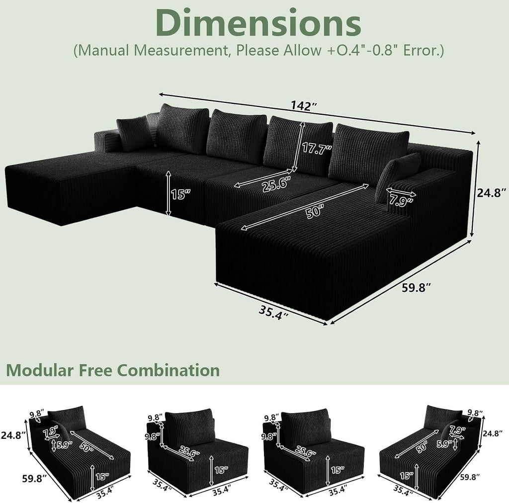142"U Shape Sectional Couch,Oversized Couches for Living Room | Modern Corduroy Sofa with 2 Chaise, 4 Seater Deep Seat Memory Foam Compressed Sofa, No Assembly, Non-slip Base, Black