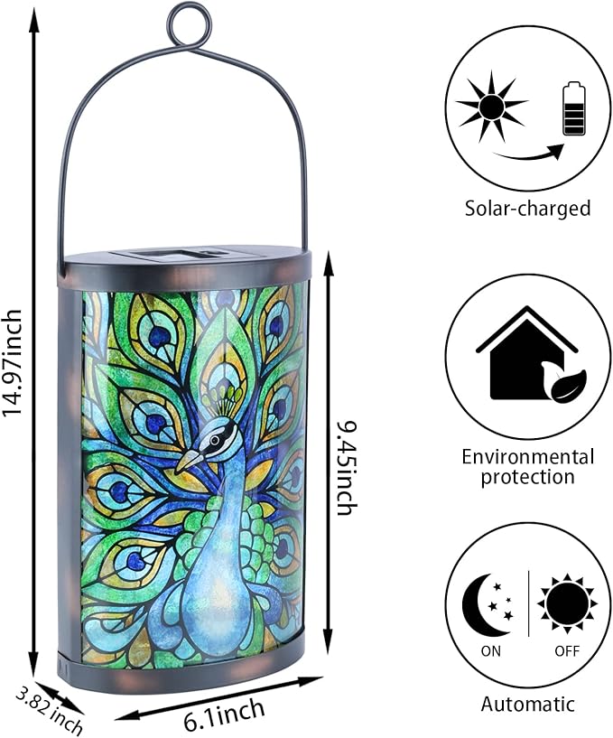 Hanging Solar Lantern Outdoor Waterproof LED Solar Lights Peacock Decorative Solar Lanterns Tabletop Lamp for Outdoor Patio Garden Yard Decor