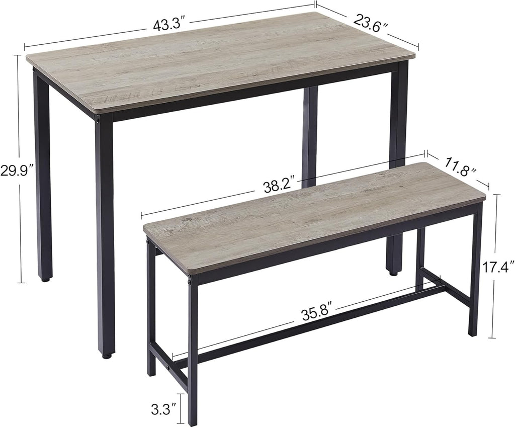 Dining Table Set for 4, Small Kitchen Table with 2 Benches, Industrial Counter Height Pub Table, 3-Pieces Bar Table and Chairs Set for Home Kitchen Breakfast Table, Grey, 43.3″L x23.6″W x 29.9″H