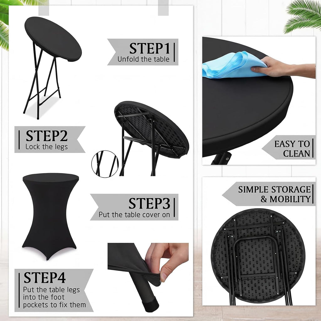 Wenqik 4 Sets 32"x43" High Top Folding Cocktail Tables & Cover,Black | Bar Height Portable Stands with Spandex Covers, Removable Legs for Easy Storage, Ideal for Parties Weddings Events