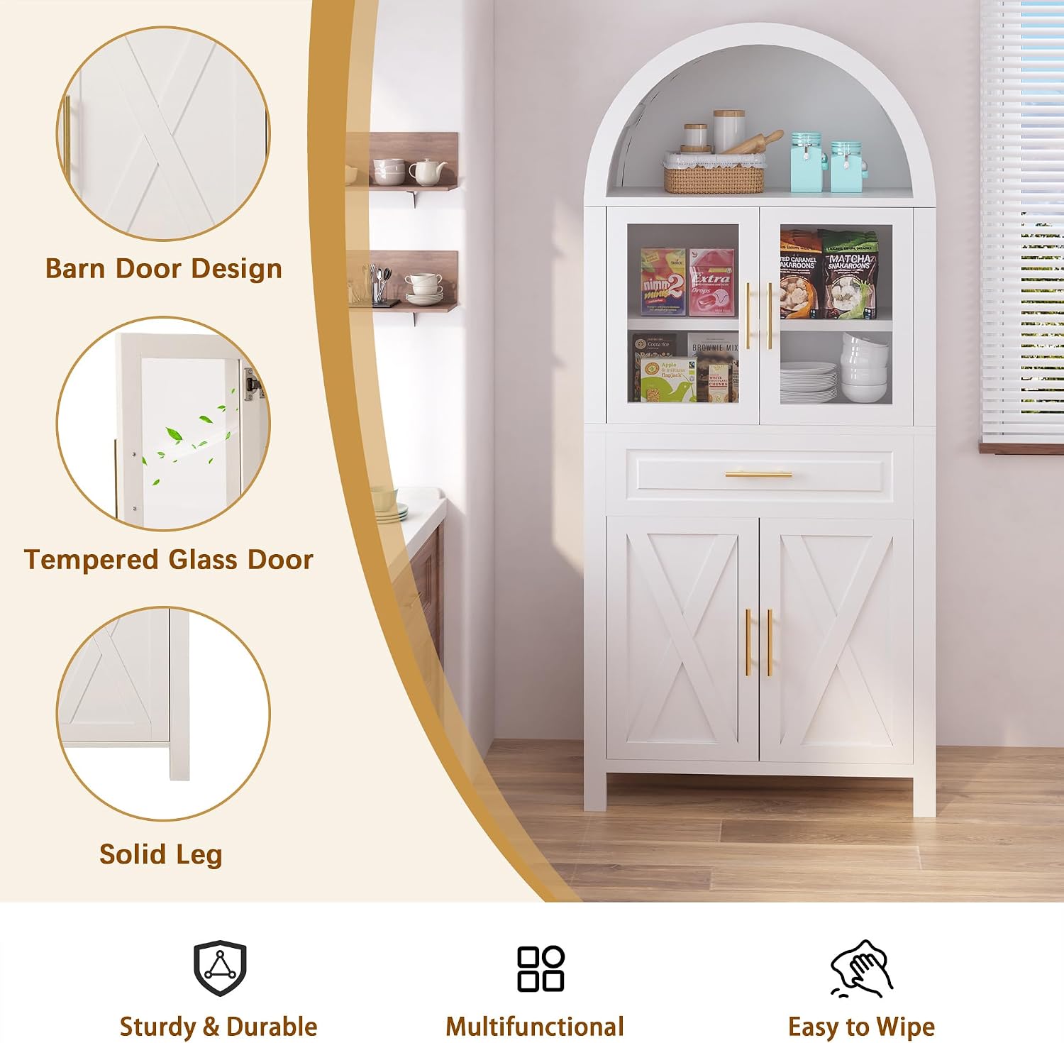 71" Tall Arched Kitchen Pantry Cabinet, Farmhouse Pantry Cabinet with Glass Door & 6 Internal Storage Racks, Adjustable Shelves Storage Cabinets for Kitchen, Living Room, Dining Room, Bathroom