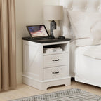 Eondon 18" Farmhouse Nightstand with Charging Station, 2 Drawers Bedside Table with Open Shelf, End Table with Storage Wood Rustic Bedside Cabinet Side Table for Living Room and Bedroom, White