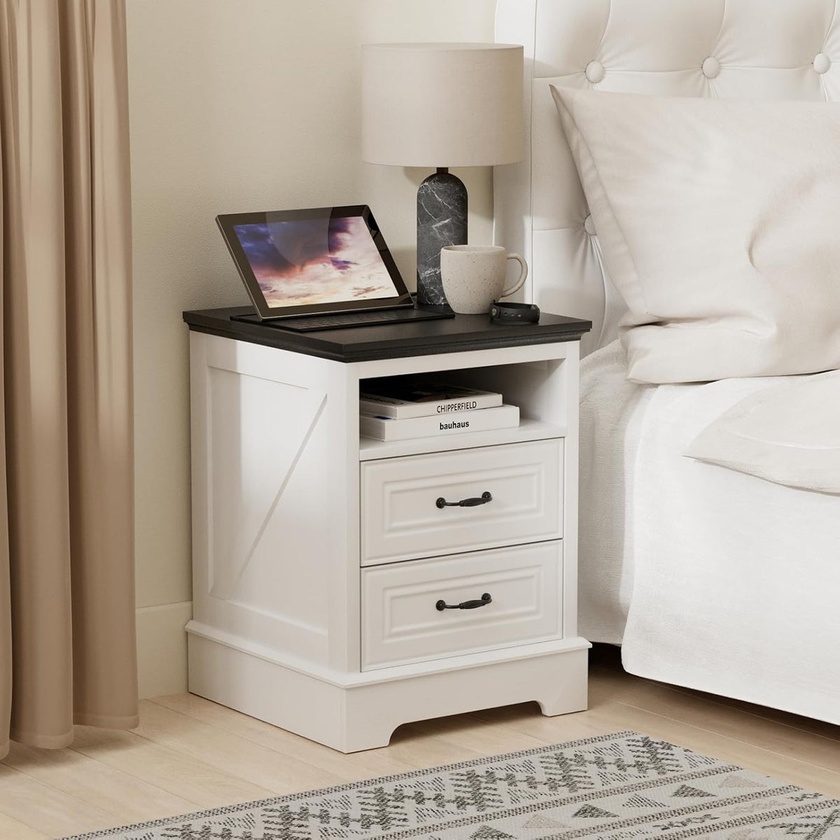 Eondon 18" Farmhouse Nightstand with Charging Station, 2 Drawers Bedside Table with Open Shelf, End Table with Storage Wood Rustic Bedside Cabinet Side Table for Living Room and Bedroom, White
