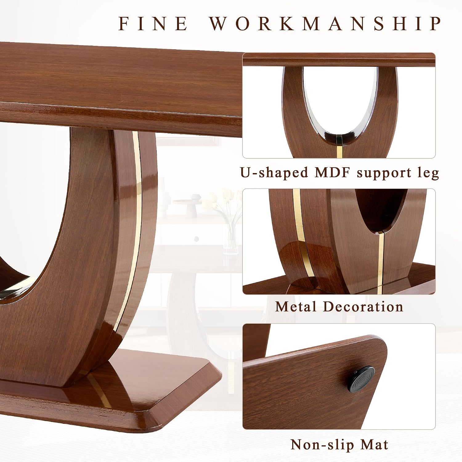 63" Wooden Dining Table for 4-6 People, Modern Farmhouse Kitchen Table with U-Shaped Legs, Rectangular Walnut Wood Dinner Table for Dining Room, Living Room, Home Office