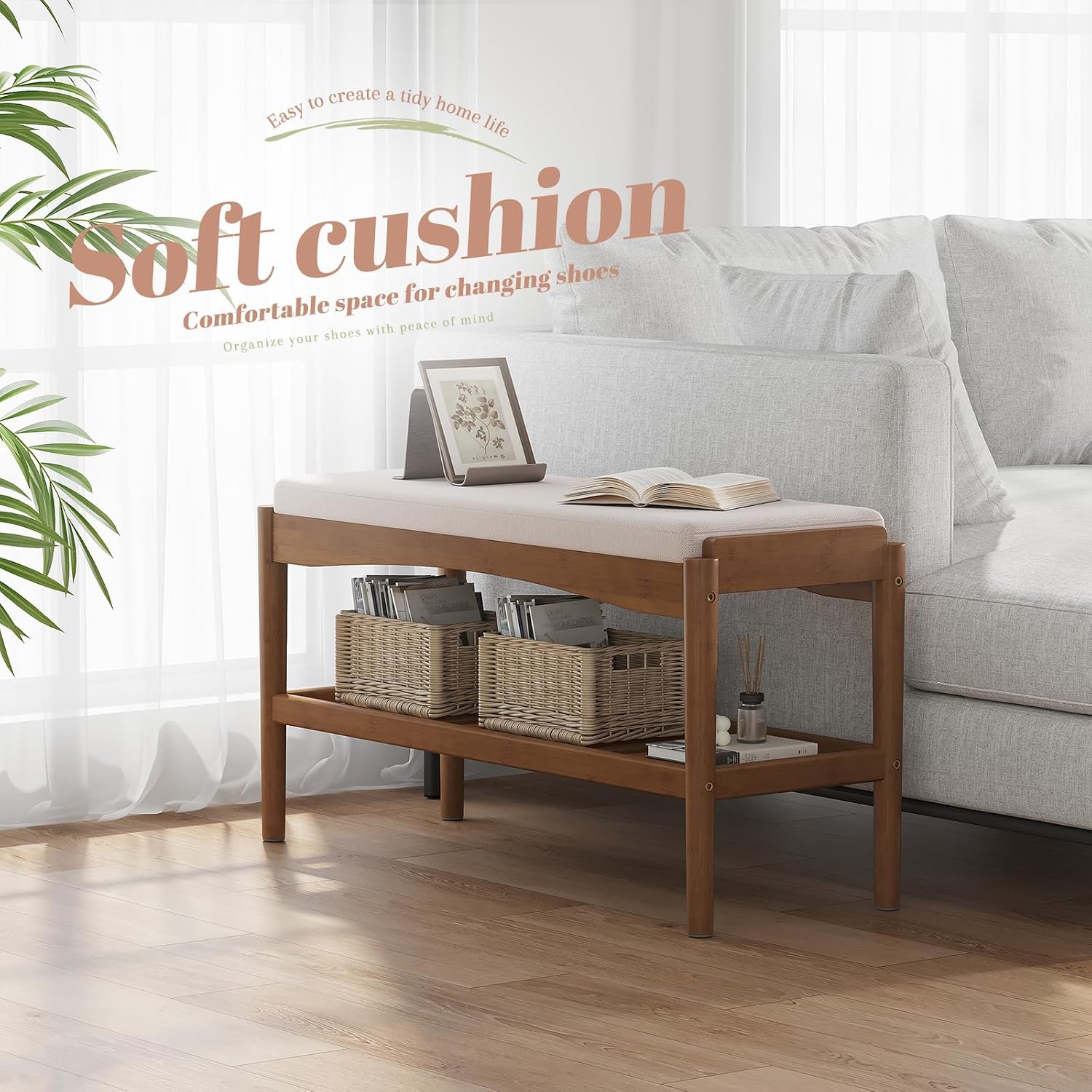 STDDRE Shoe Bench Entryway Bamboo 2-Tier Shoe Rack with Cushion Padded Seat Shoe Bench Organizer Stable for Entry, Hallway, Living Room, Bedroom, Closet (31.5 * 11.4 * 16.5IN, Brown-Beige)