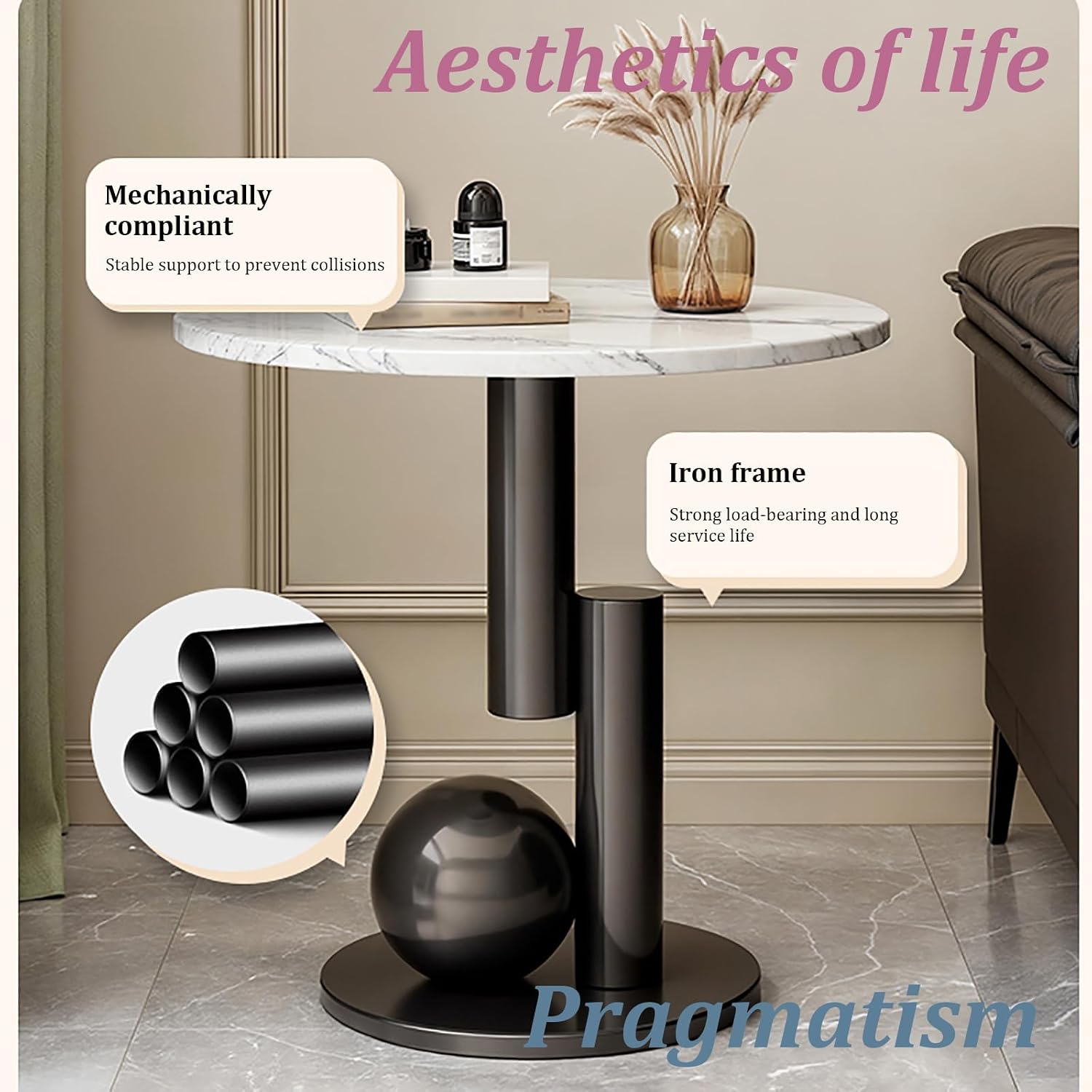 Metal End Table, Living Room Coffee Table with Marble Tabletop, Modern Geometric Decorative Table for Sofa Bedroom Apartment Reception Area Hotel(Width 23.6in/60cm, Black-White Base)
