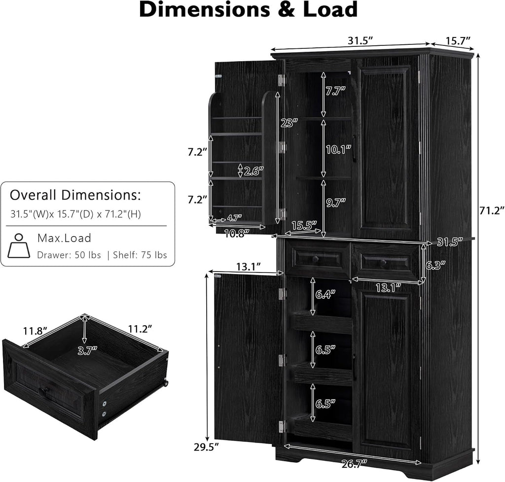Ball & Cast 71" Farmhouse Kitchen Pantry Cabinet with 3 Pull-Out Organizers, Tall Storage Cabinet with 4 Doors, 2 Drawers, 6 Door Shelves & Adjustable Shelves, Freestanding Cupboard, Black