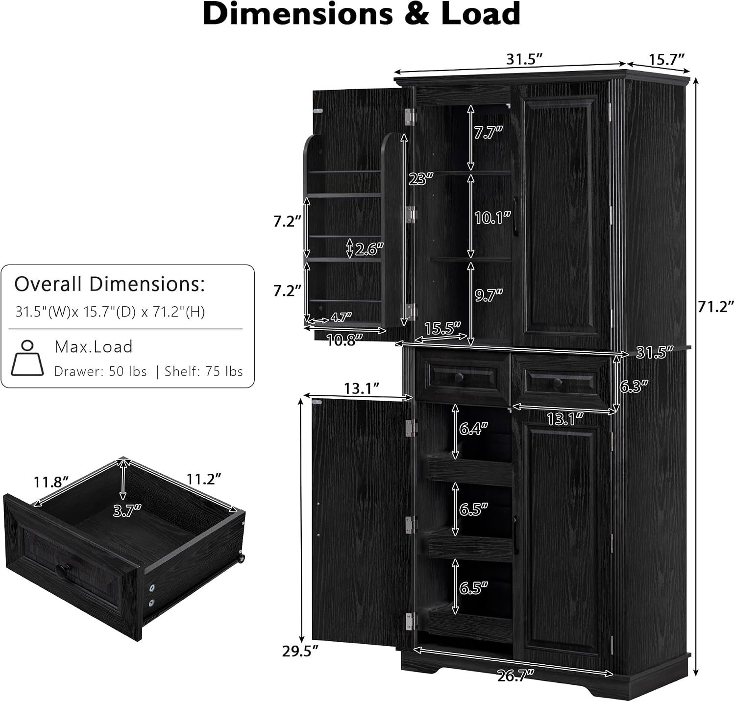 Ball & Cast 71" Farmhouse Kitchen Pantry Cabinet with 3 Pull-Out Organizers, Tall Storage Cabinet with 4 Doors, 2 Drawers, 6 Door Shelves & Adjustable Shelves, Freestanding Cupboard, Black