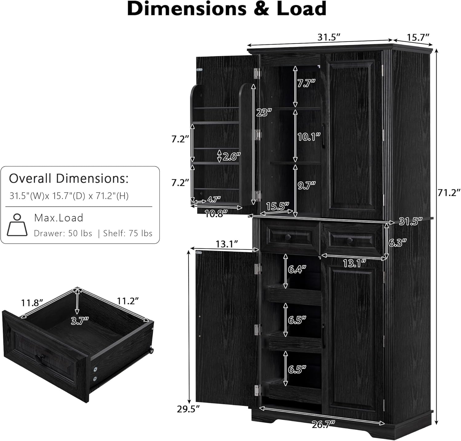 71" Tall Kitchen Pantry Cabinet with 3 Pull Out Organizers, Black Storage Cupboard with 6 Door Shelves, 2 Drawers, Freestanding Pantry for Kitchen Dining Room (Black)