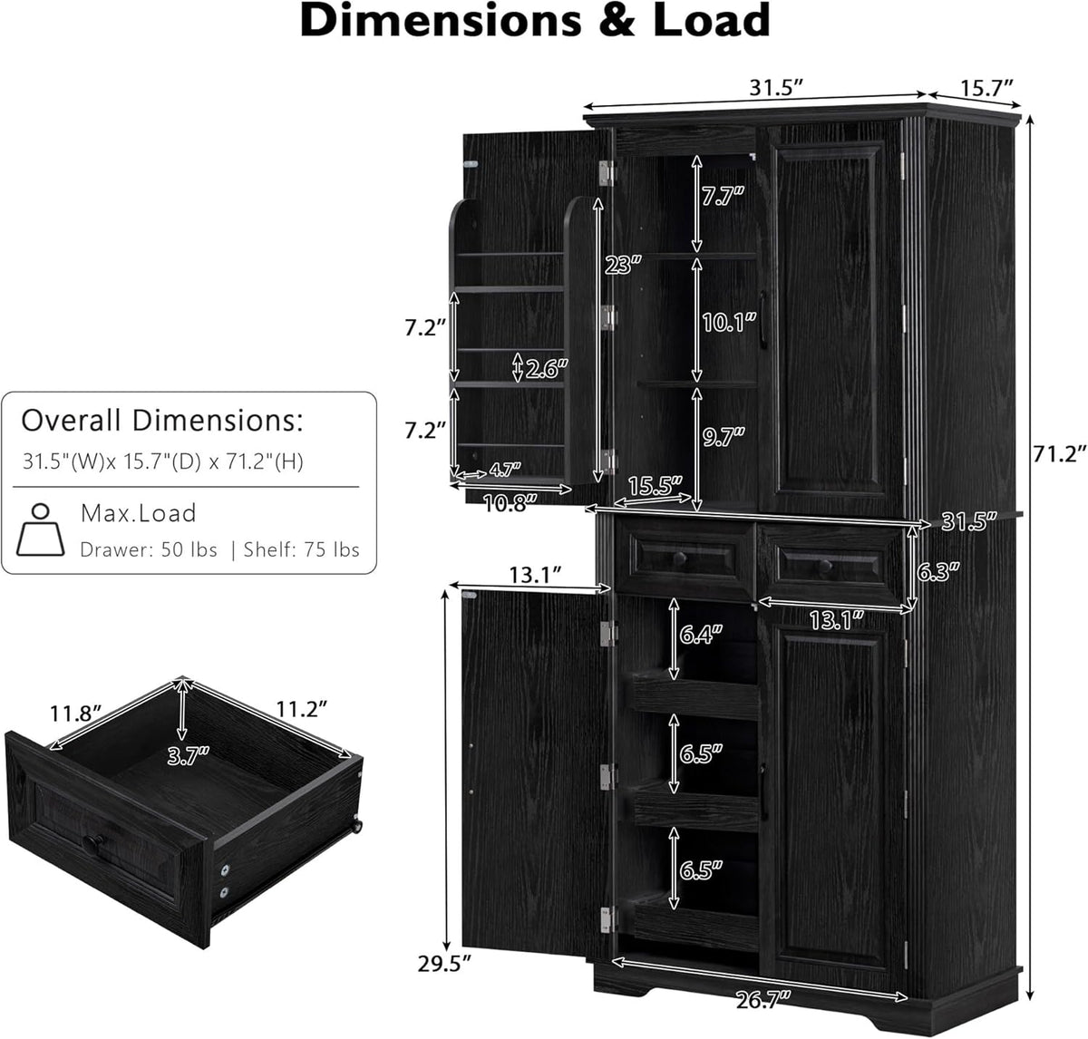 Virubi 71" Tall Kitchen Pantry Cabinet with 3 Pull Out Cabinet Organizers, Farmhouse Embossed Texture Storage Cupboard with Door Shelves, Adjustable Shelves, Anti-Tip Kit for Kitchen & Dining (Black)