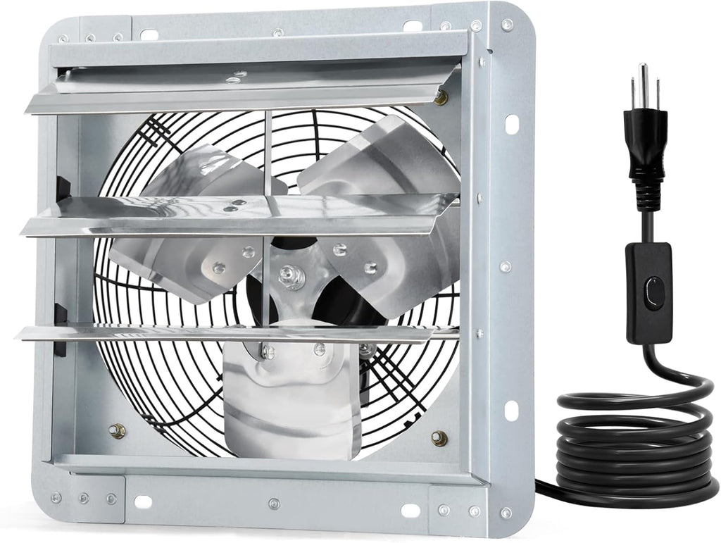 Criditpid 14 Inch Shutter Exhaust Fan, Wall Mounted Vent Fan for Garage, Attic, Greenhouse, Shop, Chicken Coop, 1088 CFM 1450 RPM High-Speed Louvered Exhaust Fan with ON/OFF Switch 1.8M Power Cord Kit