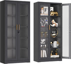UNICOLY Lockable Display Cabinet with Glass Doors, Curio Cabinets with 4 Adjustable Shelves, Liquor Bookcase Bookshelf with Doors, Metal Storage Cabinet for Living Room Pantry, Black