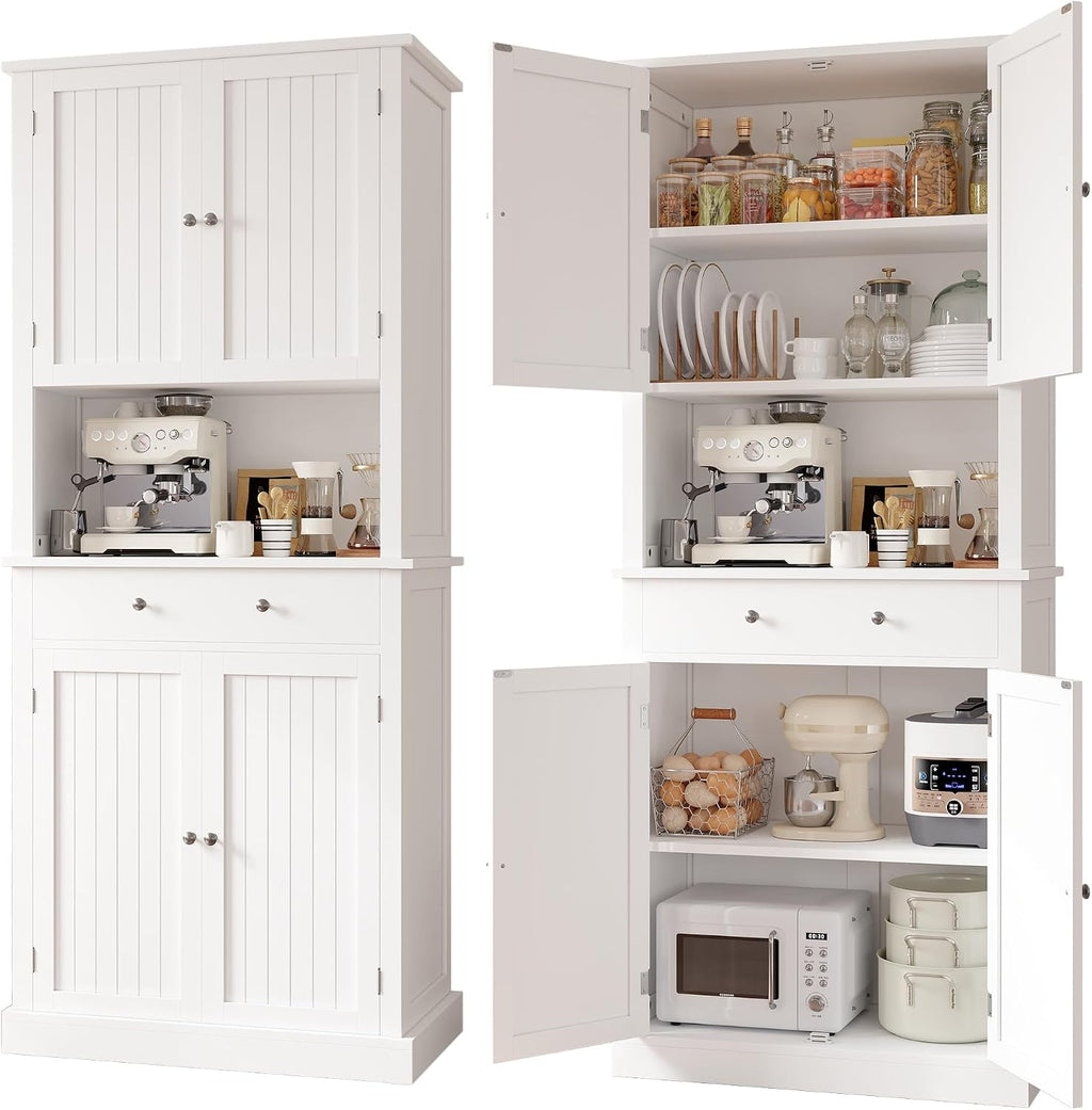 Apicizon 71’’ Tall Kitchen Pantry Storage Cabinet, Modern Kitchen Hutch Bar Cabinet with Microwave Stand & 3 Adjustable Shelves, Cupboard with Drawers, Wood Buffet Sideboard for Dining Room, White