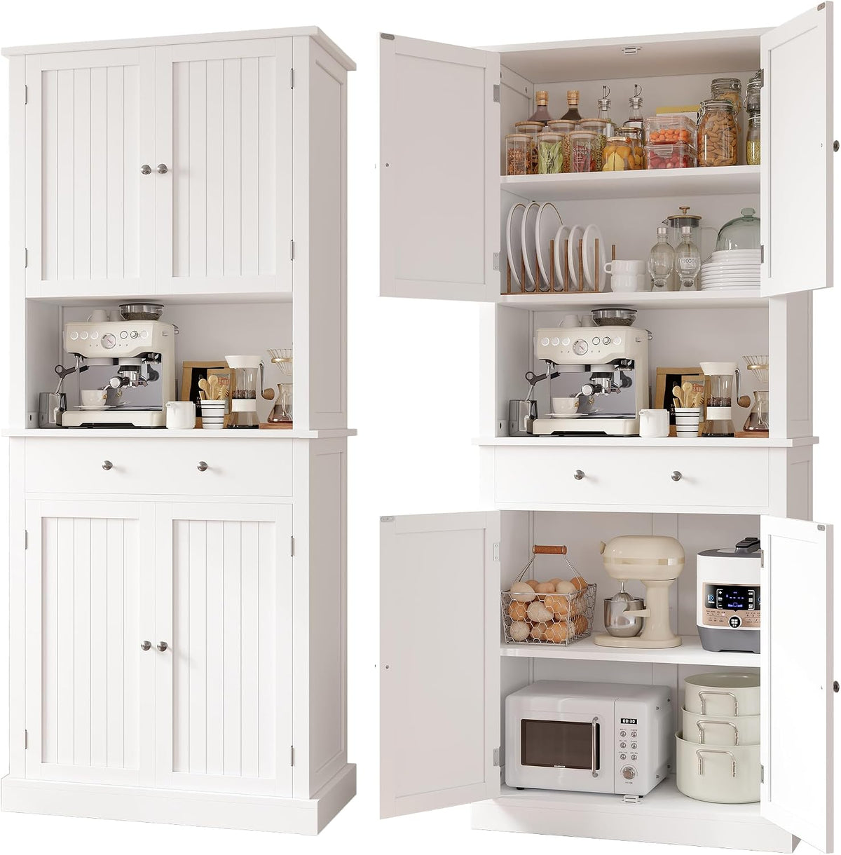 Apicizon 71’’ Tall Kitchen Pantry Storage Cabinet, Modern Kitchen Hutch Bar Cabinet with Microwave Stand & 3 Adjustable Shelves, Cupboard with Drawers, Wood Buffet Sideboard for Dining Room, White