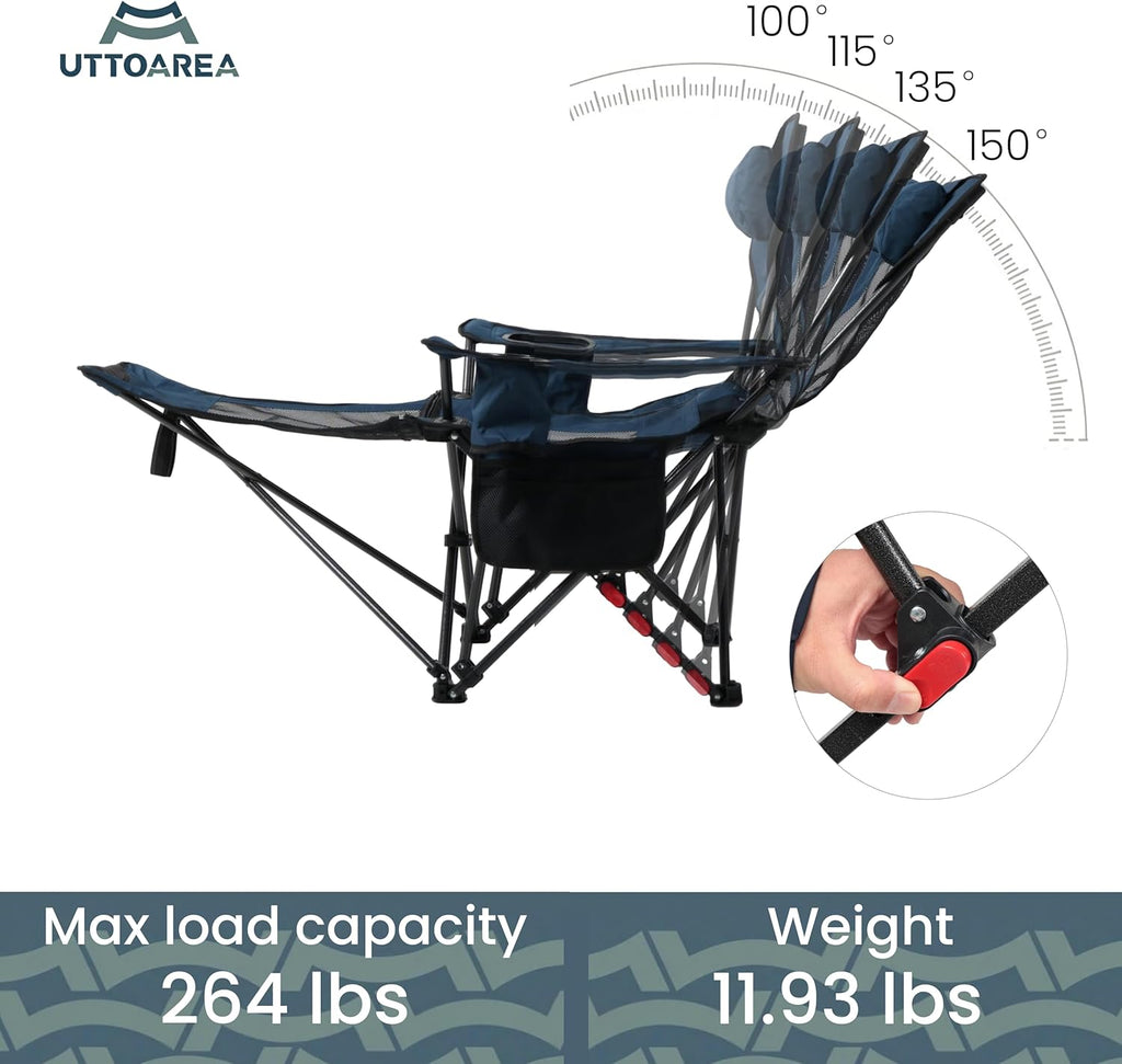 Portable Reclining Camping/Lounge Chair for Outdoor (1, Blue) | Soft Cushion, 4-Position Backrest, Removable Footrest, Cup Holder & Versatile Carry Bag