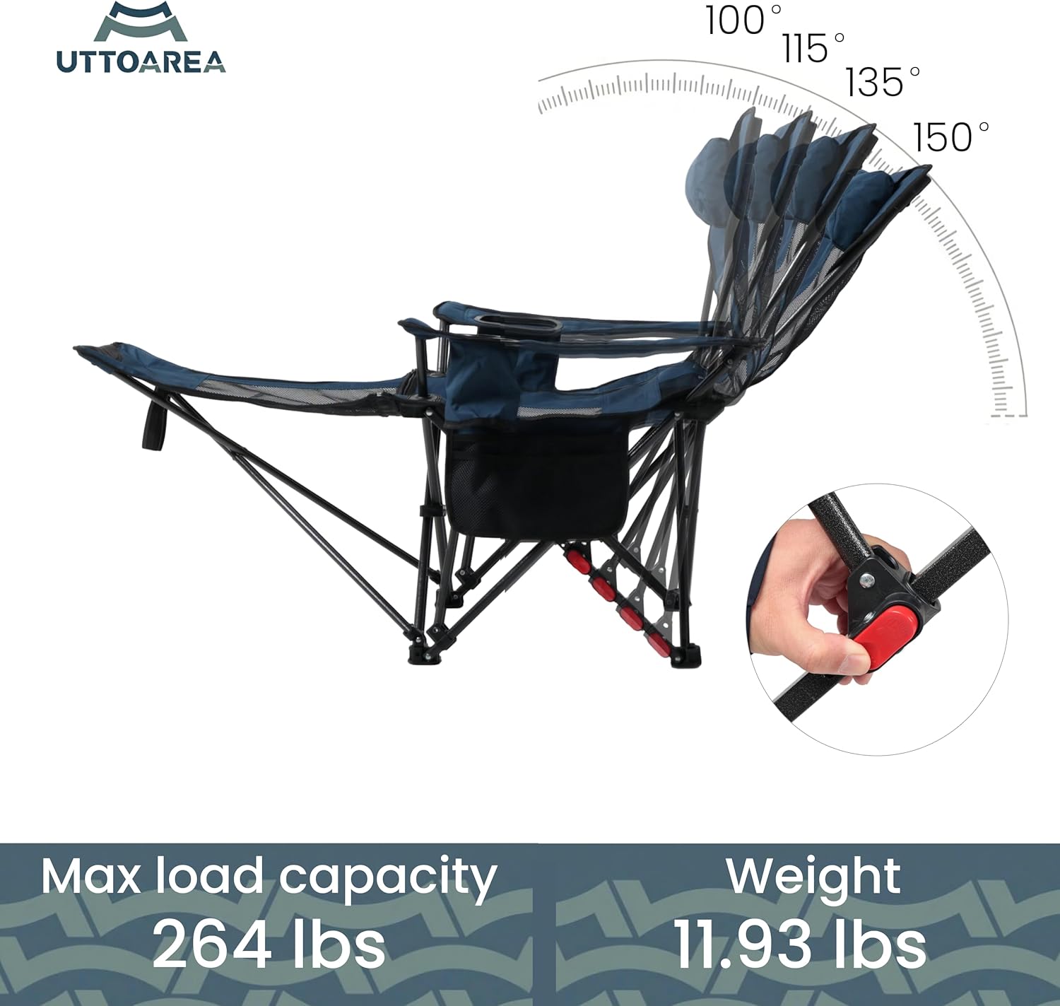 Portable Reclining Camping/Lounge Chair for Outdoor (1, Blue) | Soft Cushion, 4-Position Backrest, Removable Footrest, Cup Holder & Versatile Carry Bag
