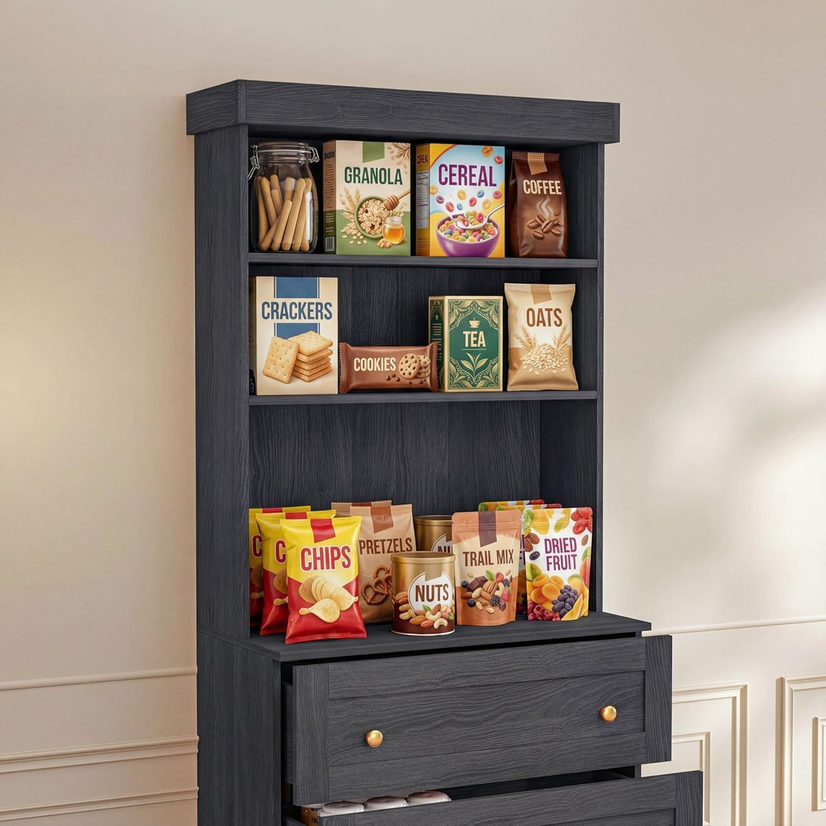 71" Farmhouse Kitchen Pantry Cabinet Freestanding Coffee Bar with Glass Doors or Drawers, Microwave Stand, Large Storage Hutch with Adjustable Shelves for Kitchen and Living Room，Black 3pcs