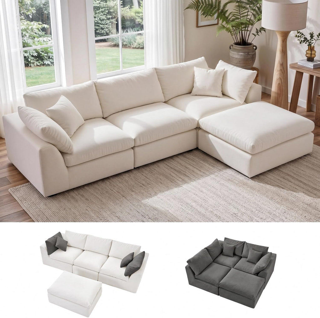 Amsleekey 108" Cloud Sectional Couch with 2 Washable Cover Sets | L-Shaped Modular Sofa with Ottoman, Deep Seat Couch for living room, DIY Covers in White and Gray