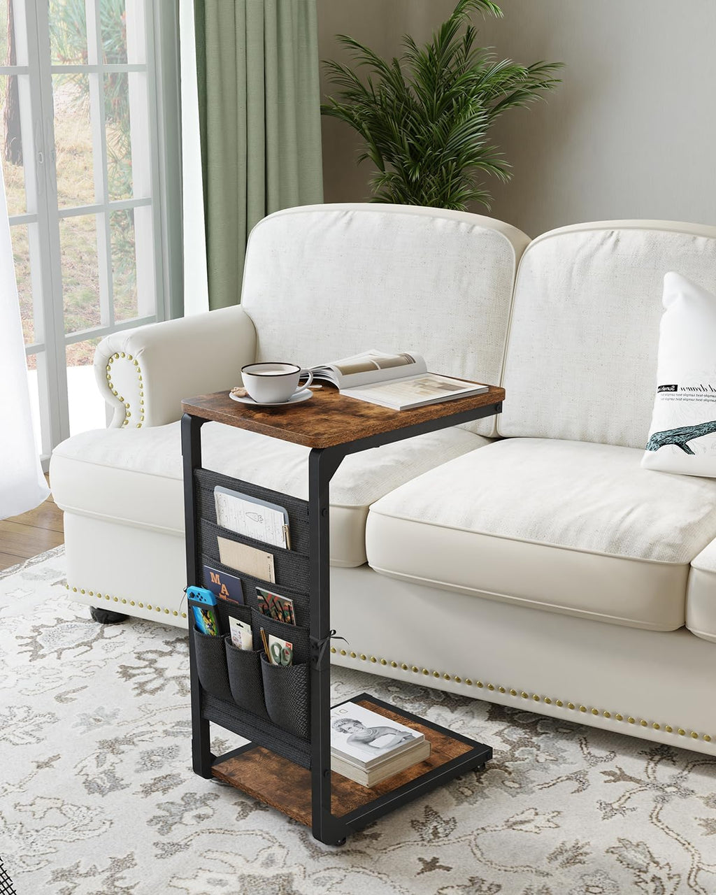 Wood Pedestal Couch End Tables Set of 2, TV Trays for Eating on Couch Tables that Slide Under, Dinner Snack Coffee Sofa C Shaped Side Table, Small Stand TV Tray for Couches Living Room, Brown ET-P-BR2