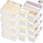16 Pcs Drawer Organizer,Fabric Closet Organizer and Storage Baskets,Foldable Drawer Divider for Clothing,Sock,Ties,Underwear Drawer Organizers,Cabinet Storage Boxes (White)