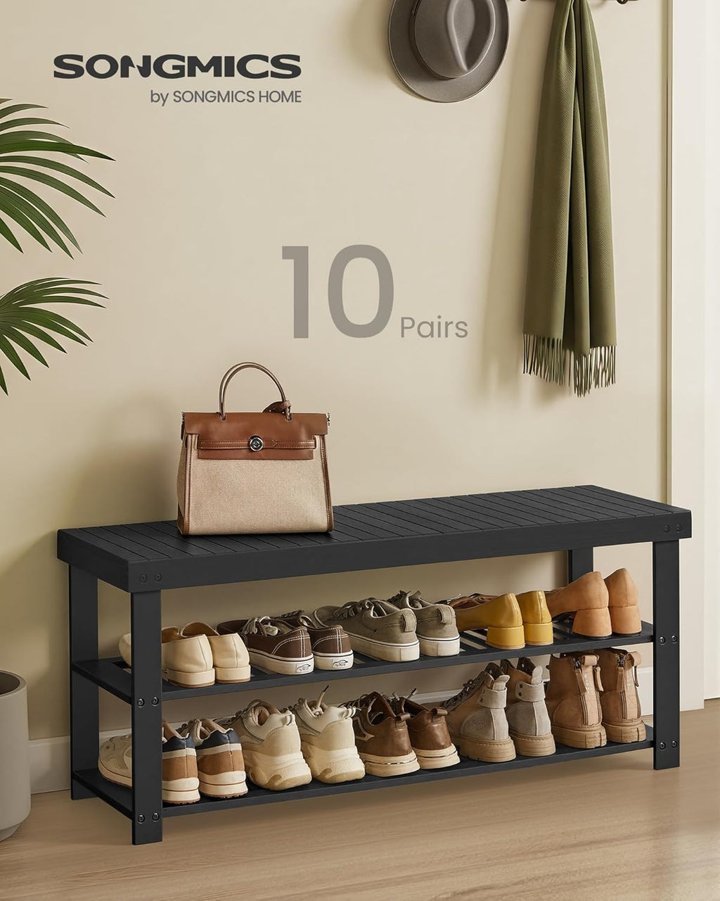 SONGMICS Shoe Rack Bench, 3-Tier Bamboo Shoe Storage Organizer, Entryway Bench, Holds Up to 286 lb, 11.3 x 42.9 x 17.8 Inches, for Entryway Bathroom Bedroom, Ink Black ULBS110B101