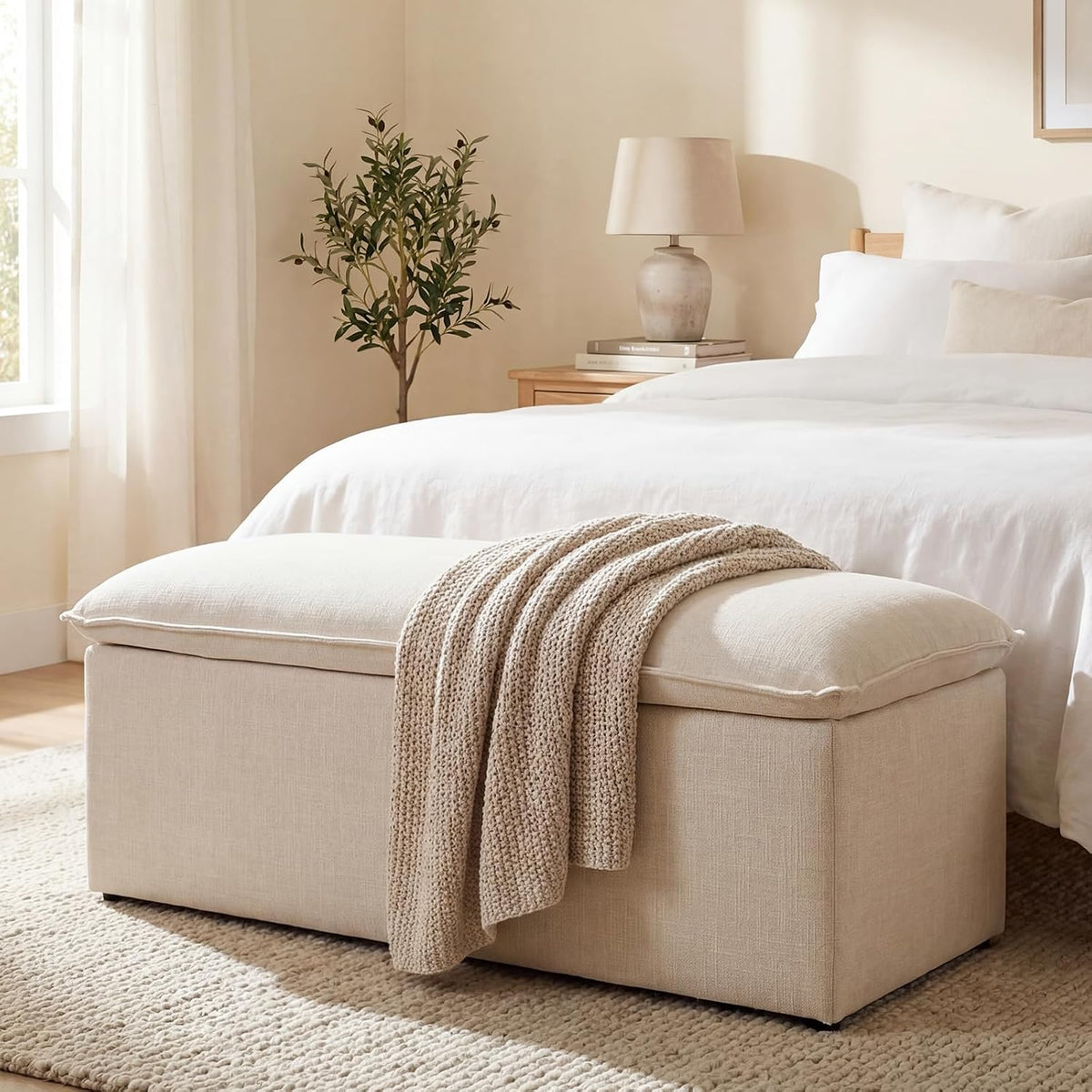 Ya-Home Modern Storage Bench Linen Fabric, Upholstered Storage Ottoman Entryway Bench with Seating for Bedroom Living Room, Beige