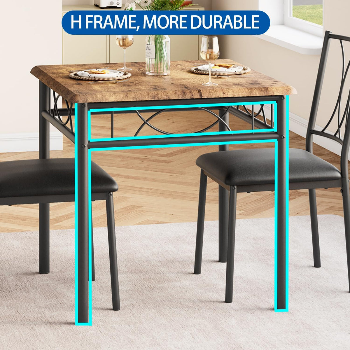 GAOMON 3-Piece Dining Table Set for 2, Square Space-Saving Kitchen Table & 2 Upholstered Chairs for 2, Compact Apartment Kitchen & Dining Room Set Furniture for Small Spaces, Rustic Brown