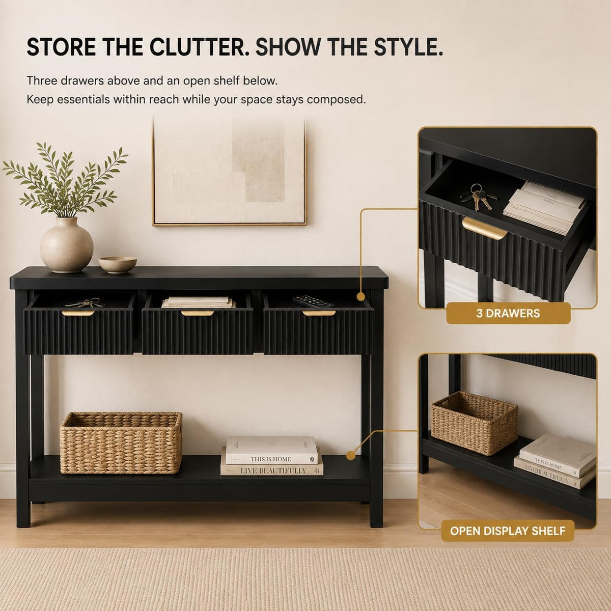 Lulive Fluted Console Table, 51 Inch Entryway Table with 3 Drawers | Scandi farmhouse look with quiet full-extension slides, open lower shelf, profile for hallway, entry, foyer or behind sofa.