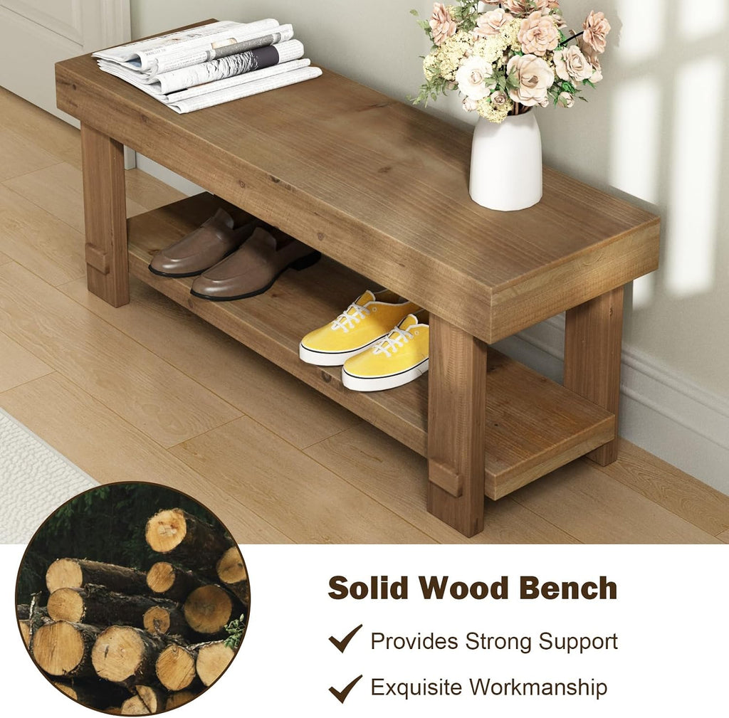 Solid Wood Bench - 42.5" Long Farmhouse Entryway Bench, Narrow End of Bed Storage Benches Seat for Indoor, Entryway, Dining Room, Living Room, Bedroom and Hallway, Natural