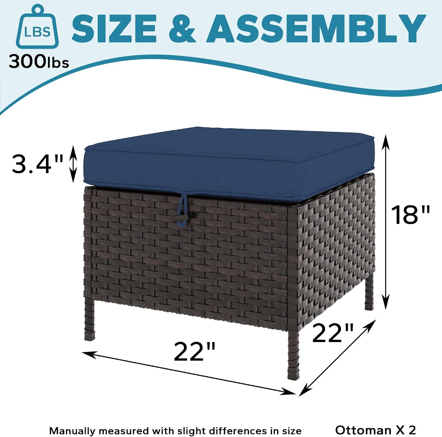 Patio Wicker Ottomans with Removable and Washable Covers, PE Rattan Outdoor Footstools for Porch, Sunroom (Blue)