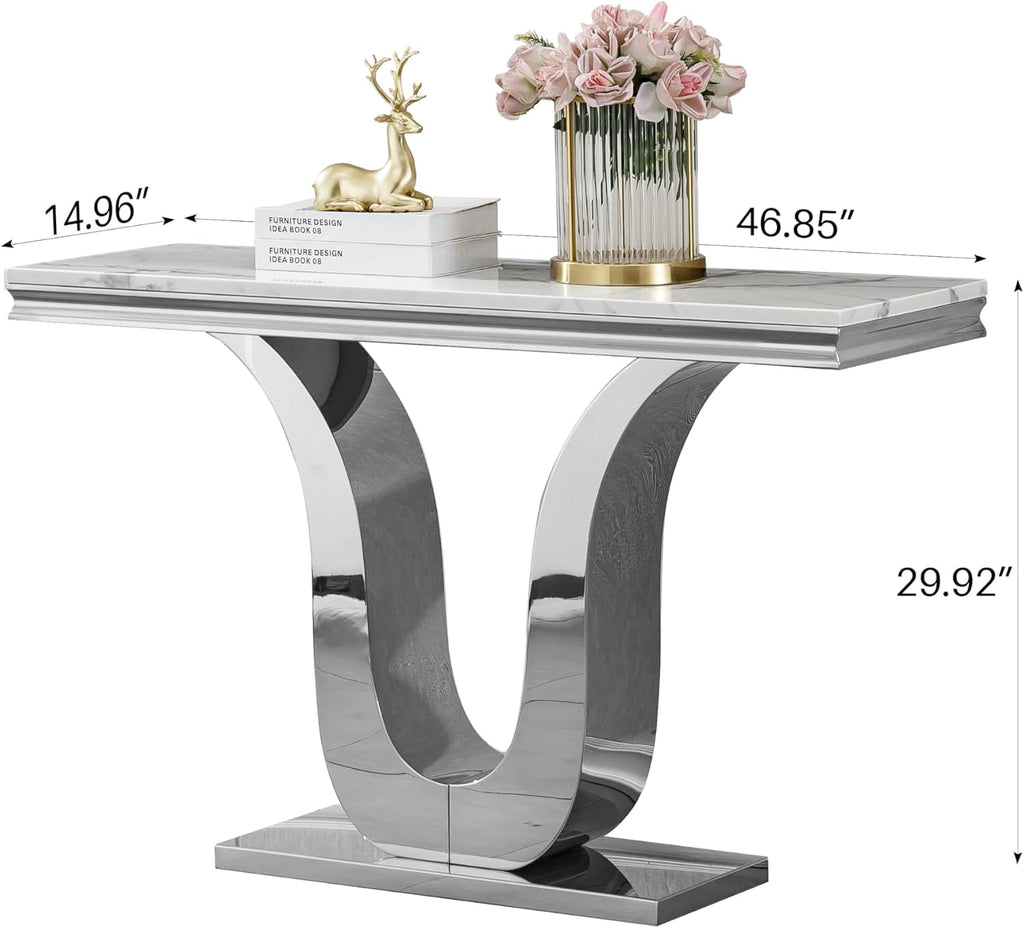 SSLine Modern White Faux Marble Console Table Luxury Entryway Table with Silver Pedestal Base 46.8" Mid-Century Elegant Sofa Table w/Mirrored Stainless Steel Frame for Living Room Hallway