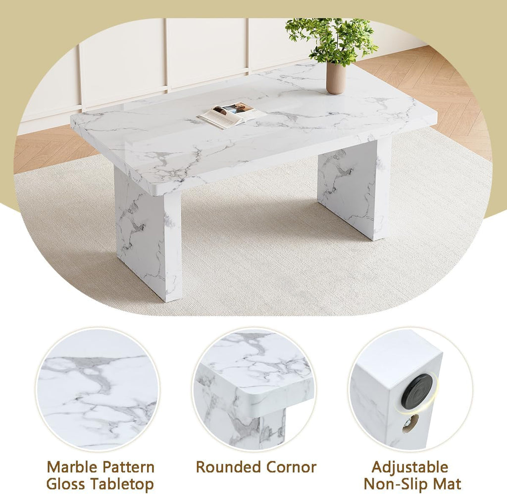 gopop 7 Piece Dining Table Set, Marble Dining Table Set for 6, 63" White Marble Pattern MDF Tabletop and Legs, 6 Leather Kitchen Chairs with Chrome Plated Metal Legs for Kitchen