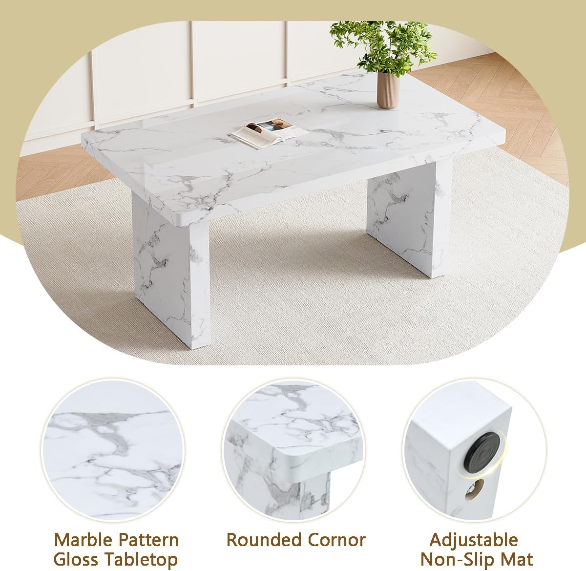 gopop 7 Piece Dining Table Set, Marble Dining Table Set for 6, 63" White Marble Pattern MDF Tabletop and Legs, 6 Leather Kitchen Chairs with Chrome Plated Metal Legs for Kitchen